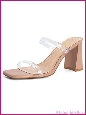 Women's Square Open Toe Two Strap Chunky Heeled Sandals Slip On 3.5 Inch Heels